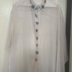 Stone Fruits Vintage White Sheer Blouse with decorative buttons One Size fit All